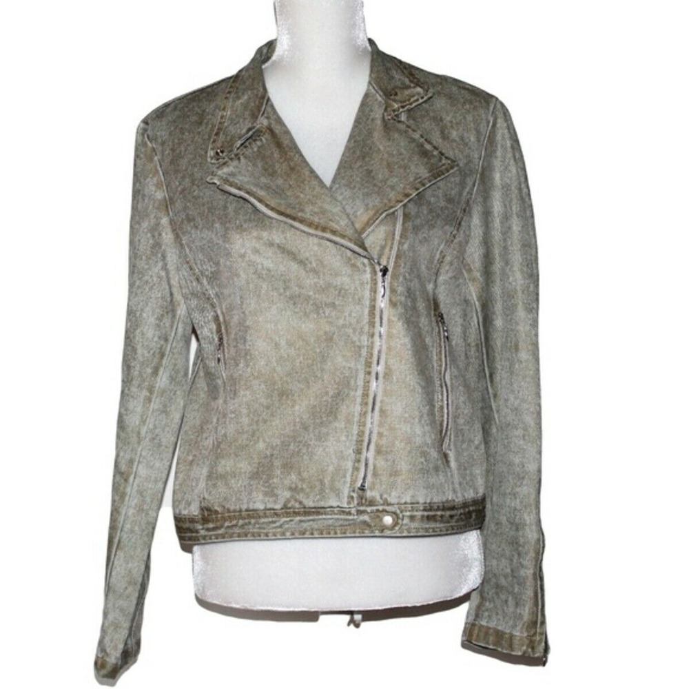 Barbara Bui Initials Distressed Zip Moto Jacket XL green mettalic coated denim